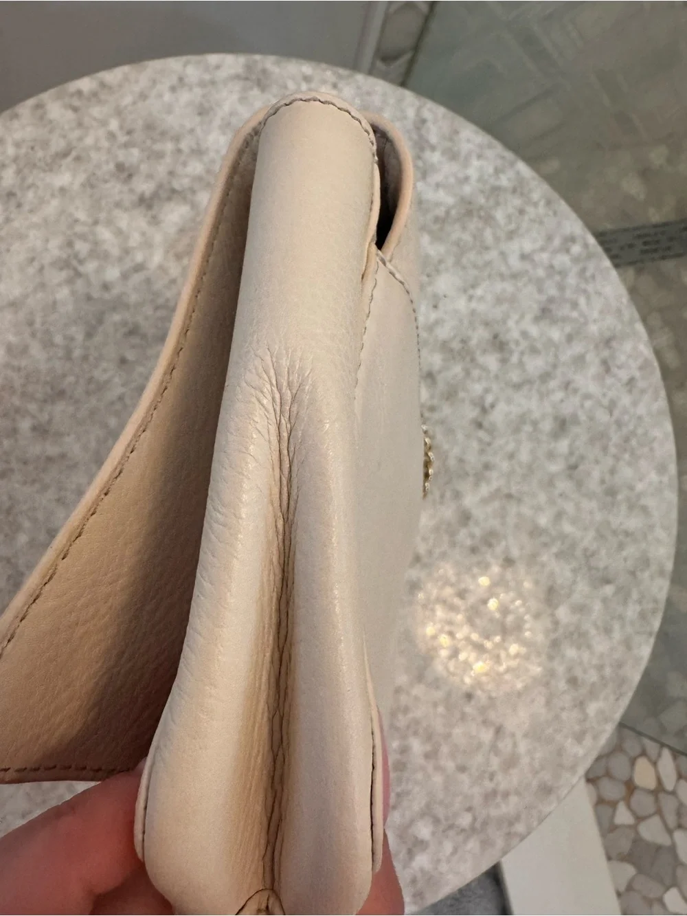 Tory Burch Light Cream Pebbled Leather Crossbody with Gold Logo Chain